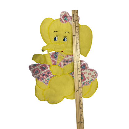 Yellow Elephant Patch Fabric Appliqué With Pink Bow & Patchwork 16"x10"