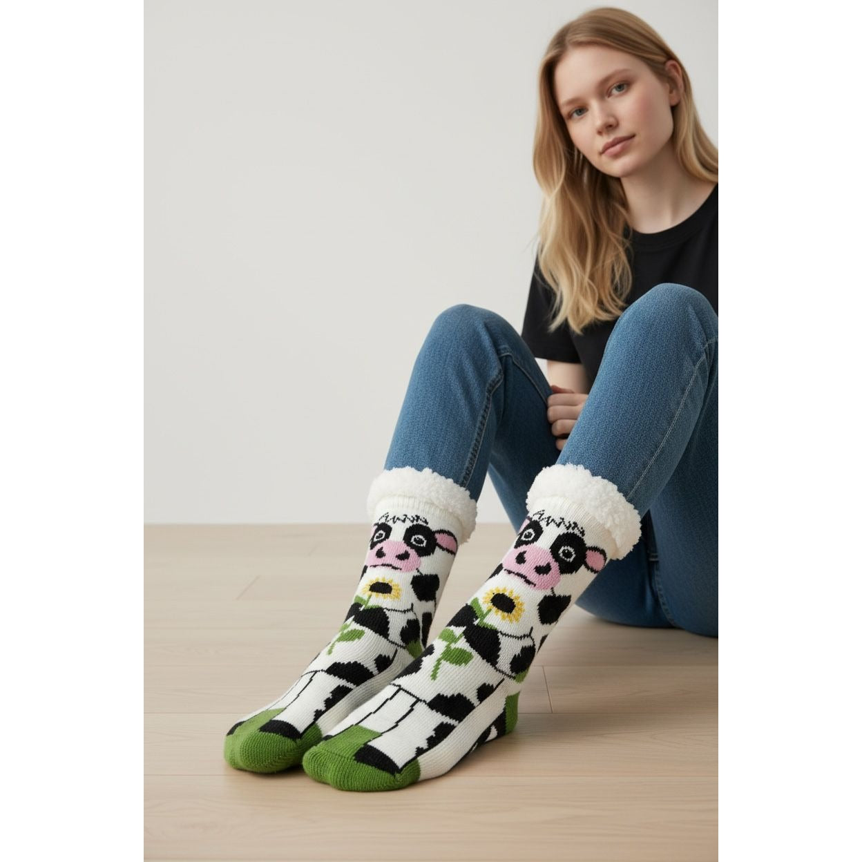 Sherpa-Lined Cow-Themed Non-Slip Cozy Socks One Size Soft & Warm Fun Farm Animal Design By Cozy Moments