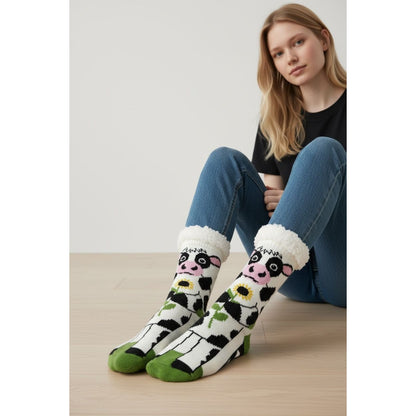 Sherpa-Lined Cow-Themed Non-Slip Cozy Socks One Size Soft & Warm Fun Farm Animal Design By Cozy Moments