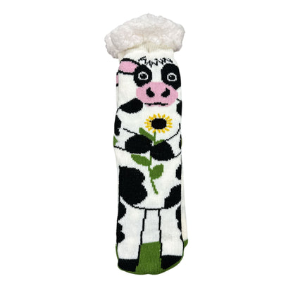 Sherpa-Lined Cow-Themed Non-Slip Cozy Socks One Size Soft & Warm Fun Farm Animal Design By Cozy Moments