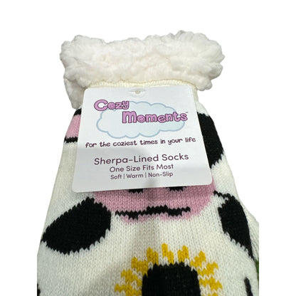 Sherpa-Lined Cow-Themed Non-Slip Cozy Socks One Size Soft & Warm Fun Farm Animal Design By Cozy Moments
