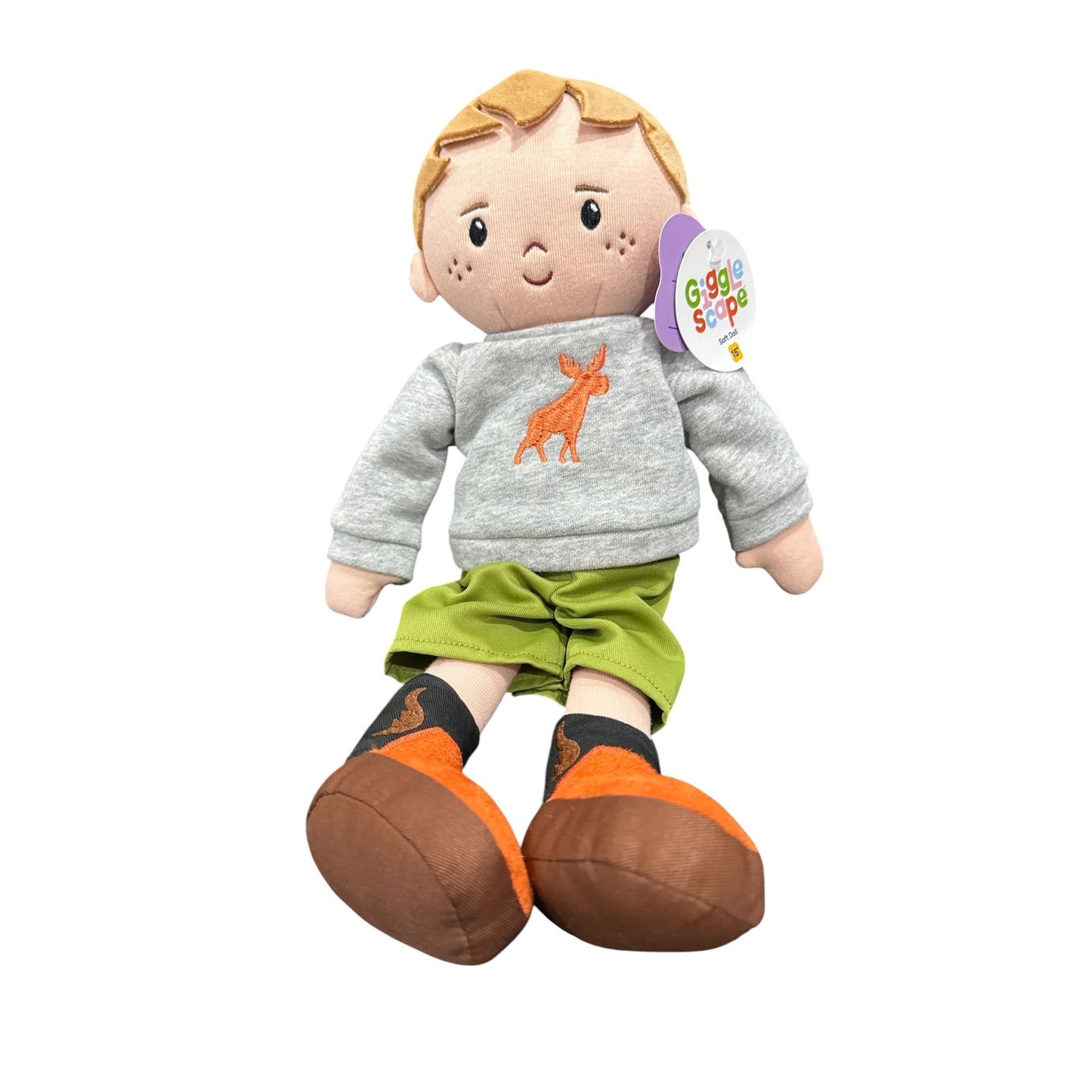 Giggle Scape 15" Soft Plush Doll With Moose Sweater & Green Shorts For Kids