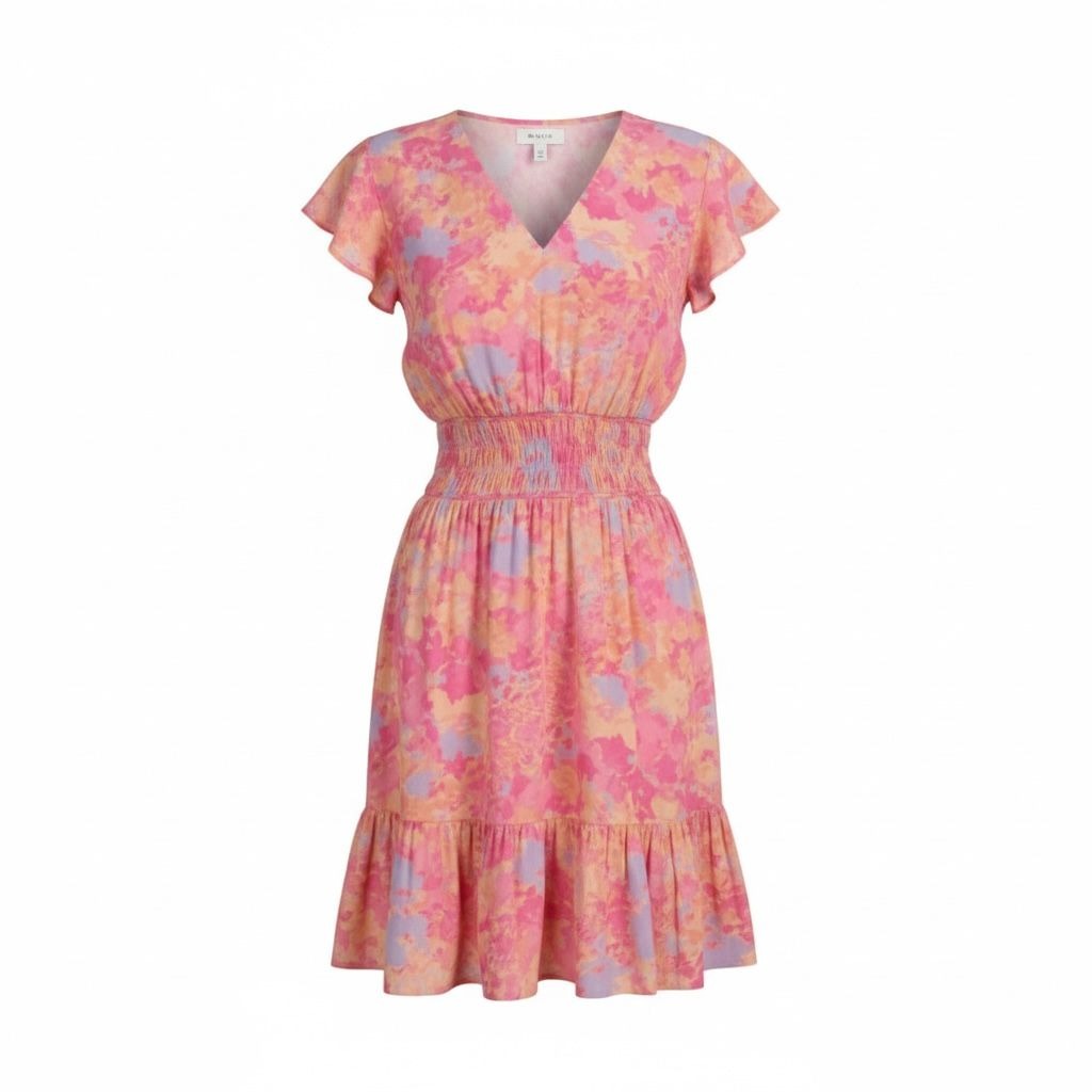 Rails Women’s Pink & Orange Floral Smocked Waist Dress With Flutter Sleeves Size S