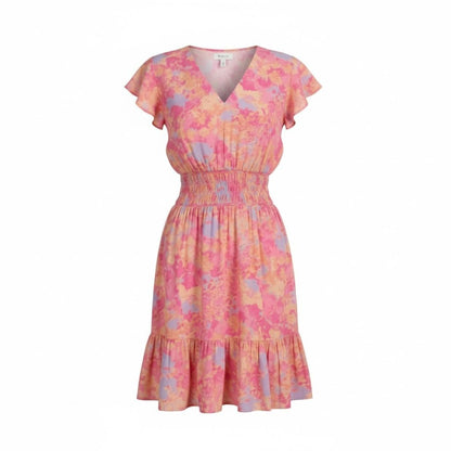Rails Women’s Pink & Orange Floral Smocked Waist Dress With Flutter Sleeves Size S