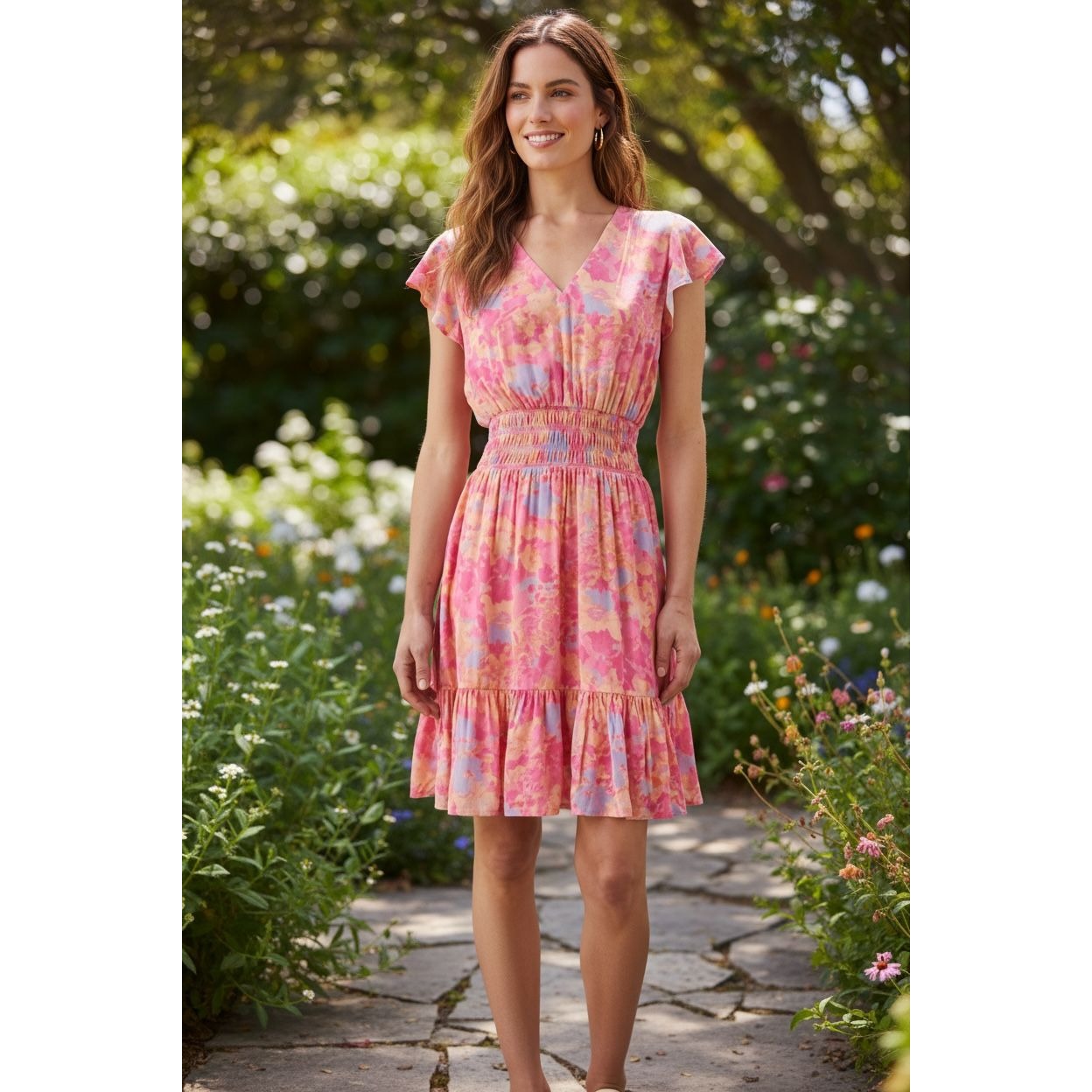 Rails Women’s Pink & Orange Floral Smocked Waist Dress With Flutter Sleeves Size S