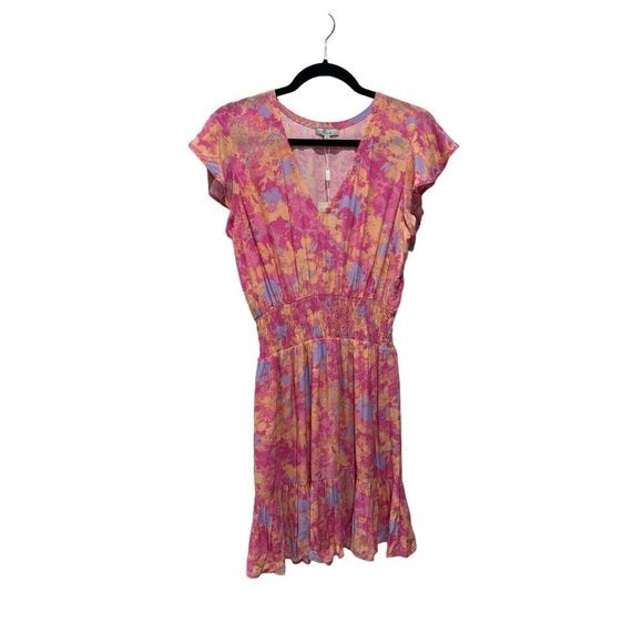 Rails Women’s Pink & Orange Floral Smocked Waist Dress With Flutter Sleeves Size S