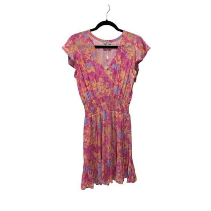Rails Women’s Pink & Orange Floral Smocked Waist Dress With Flutter Sleeves Size S