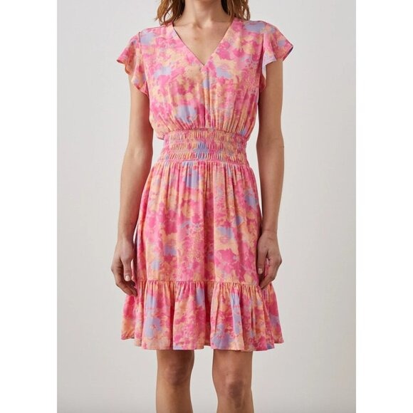 Rails Women’s Pink & Orange Floral Smocked Waist Dress With Flutter Sleeves Size S