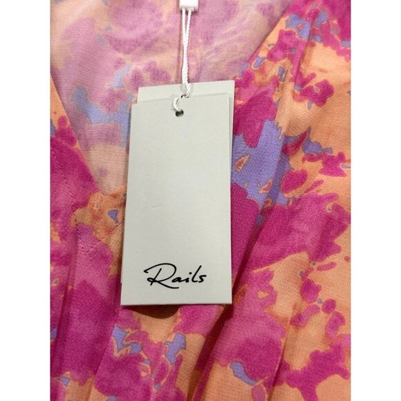 Rails Women’s Pink & Orange Floral Smocked Waist Dress With Flutter Sleeves Size S