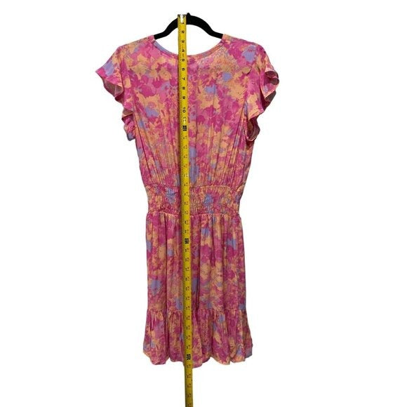 Rails Women’s Pink & Orange Floral Smocked Waist Dress With Flutter Sleeves Size S