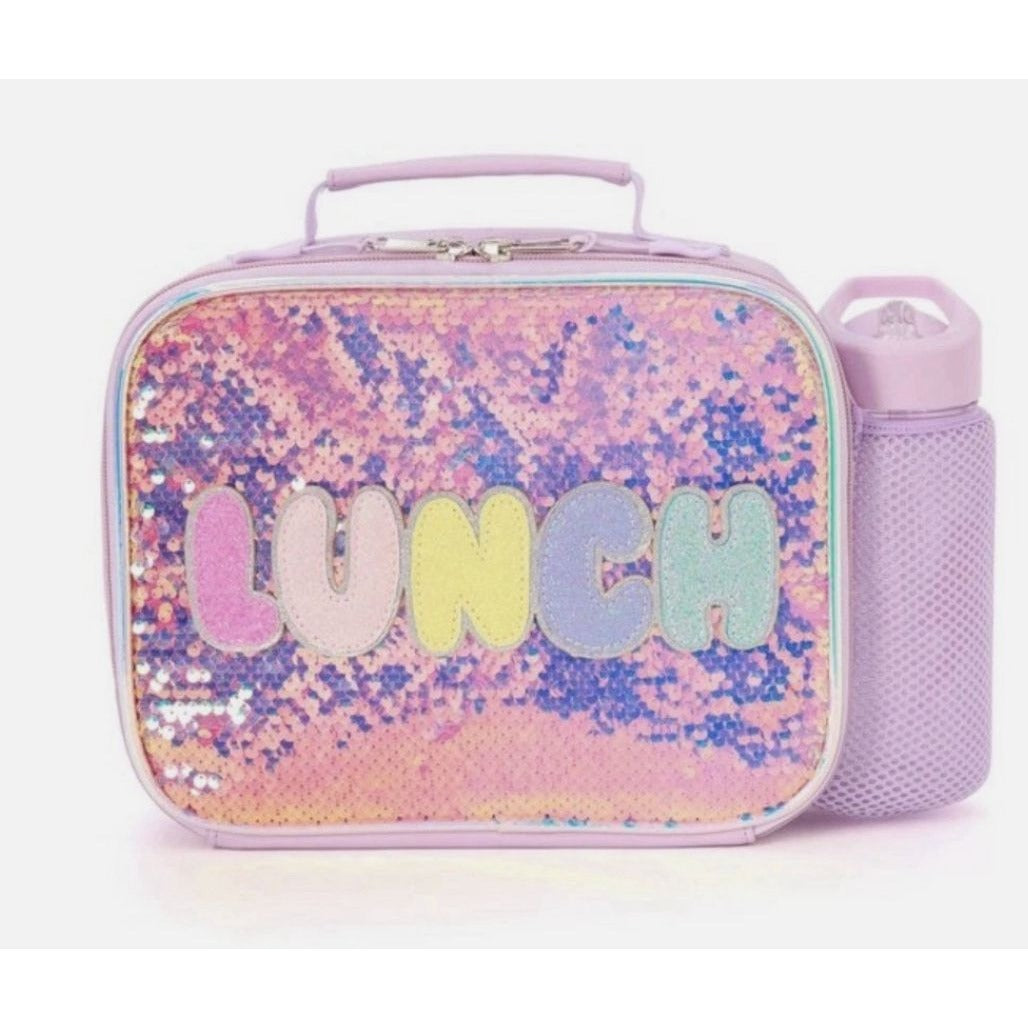 Sequin Lunch Bag With Water Bottle Holder & Insulation Pink & Purple Glitter Design