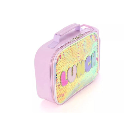 Sequin Lunch Bag With Water Bottle Holder & Insulation Pink & Purple Glitter Design