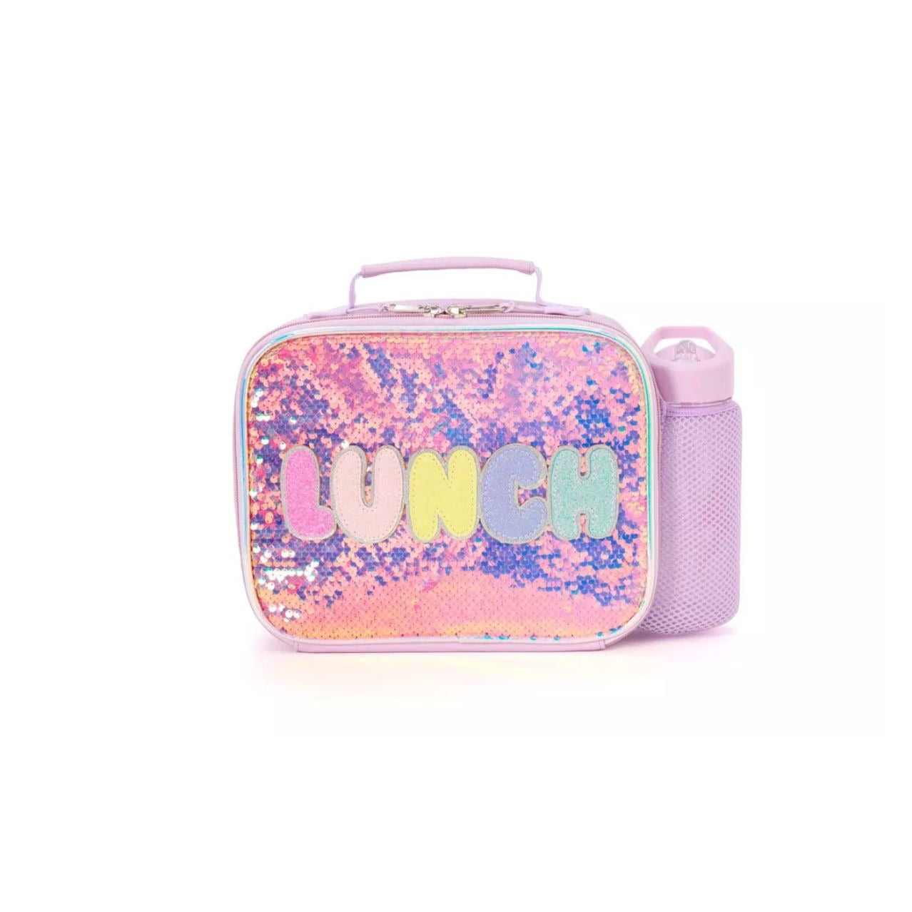 Sequin Lunch Bag With Water Bottle Holder & Insulation Pink & Purple Glitter Design