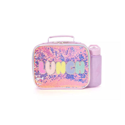 Sequin Lunch Bag With Water Bottle Holder & Insulation Pink & Purple Glitter Design