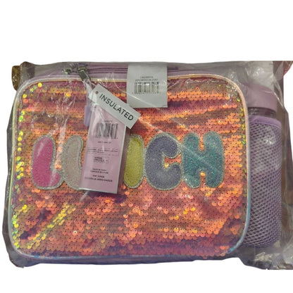 Sequin Lunch Bag With Water Bottle Holder & Insulation Pink & Purple Glitter Design