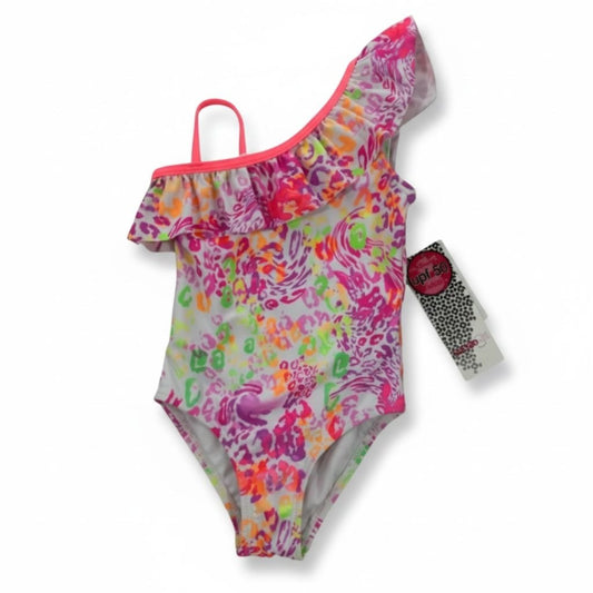 Kensie Girl Toddler Girls One-Shoulder Ruffle Swimsuit Neon Floral Print UPF 50 18M