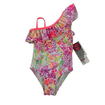 Kensie Girl Toddler Girls One-Shoulder Ruffle Swimsuit Neon Floral Print UPF 50 18M