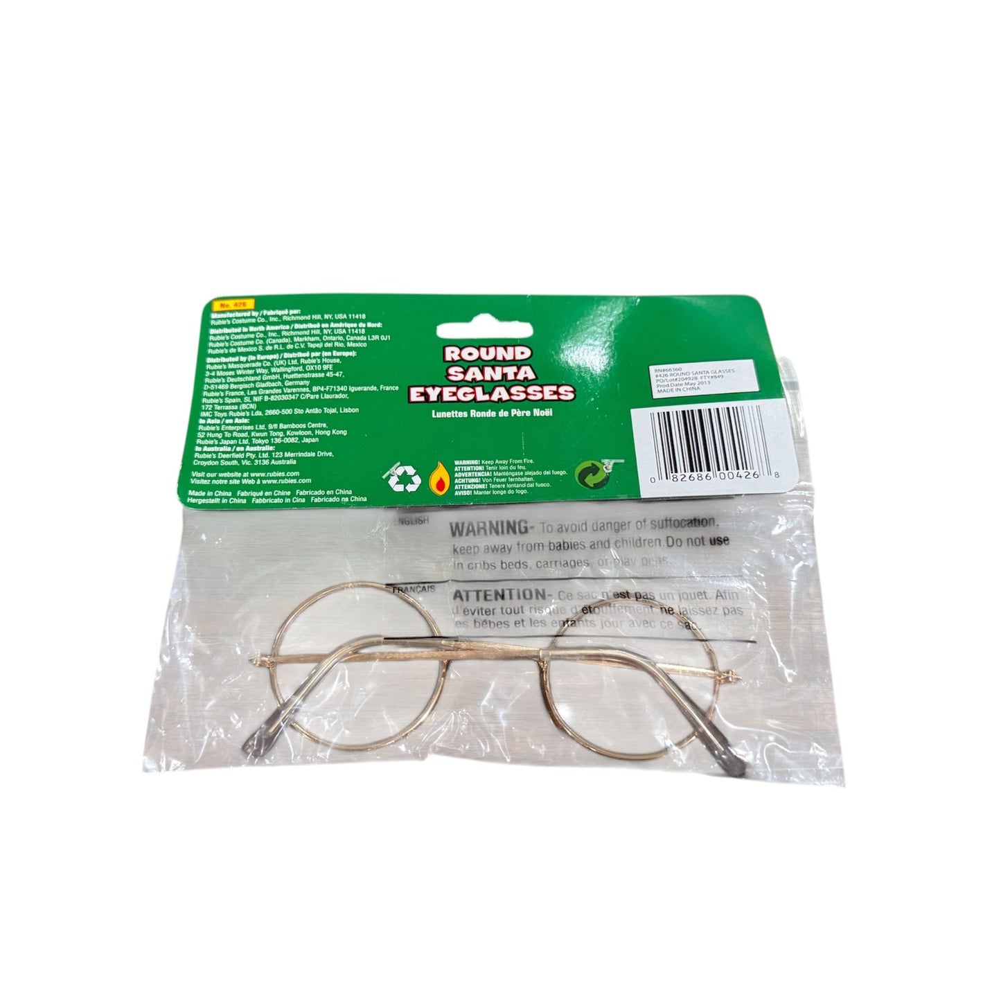 Round Santa Eyeglasses Costume Accessory For Adults & Teens Gold Frame