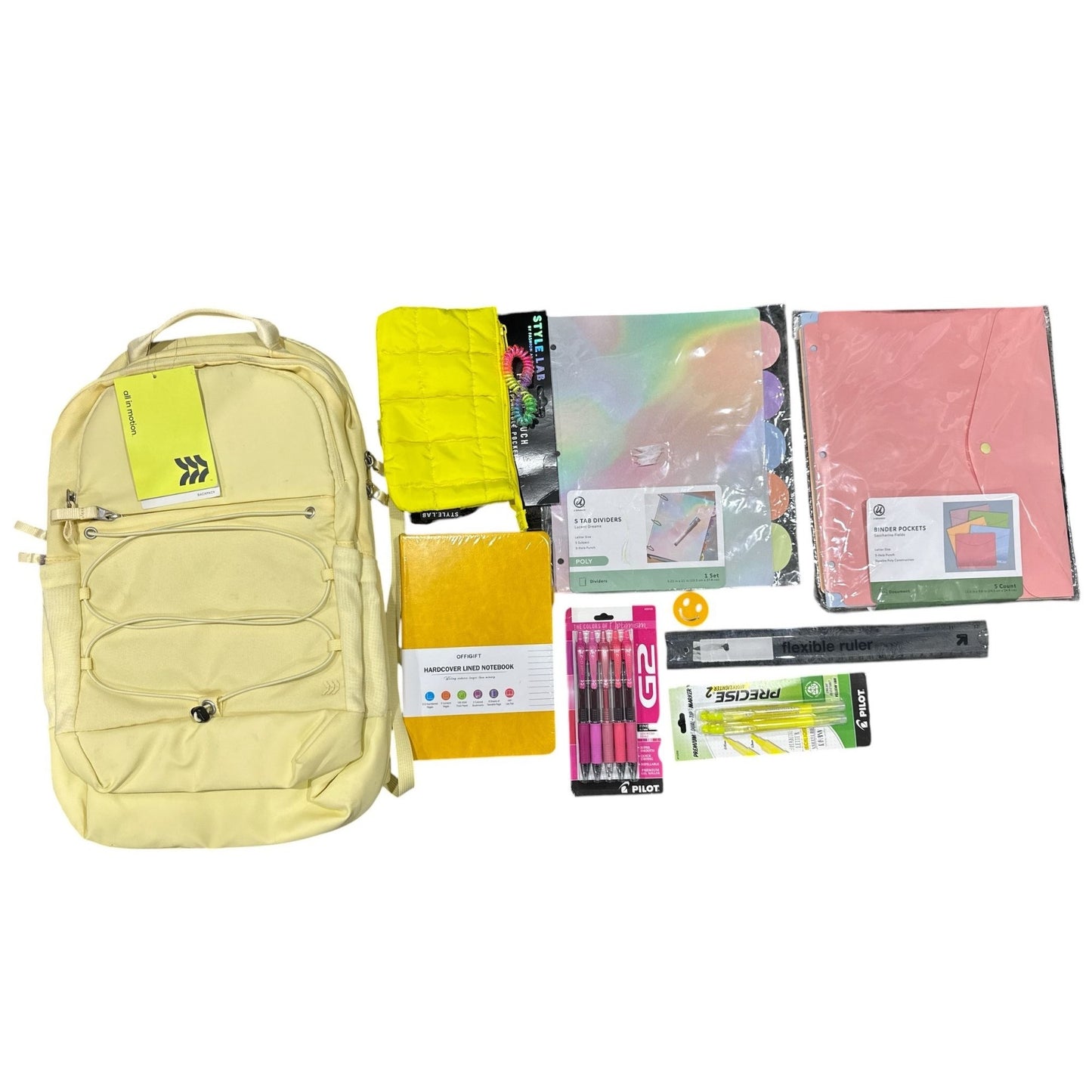 8 pcs. All In Motion Yellow Backpack With School Supplies Set - Includes Pens, Notebook, Dividers, Binder Pockets & More