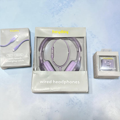 Heyday Wired Headphones, Soft-Touch Charging Cable, And Wall Charger Bundle - Purple 3pcs