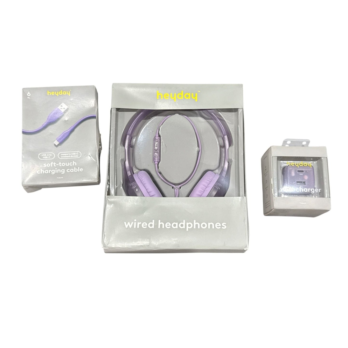 Heyday Wired Headphones, Soft-Touch Charging Cable, And Wall Charger Bundle - Purple 3pcs