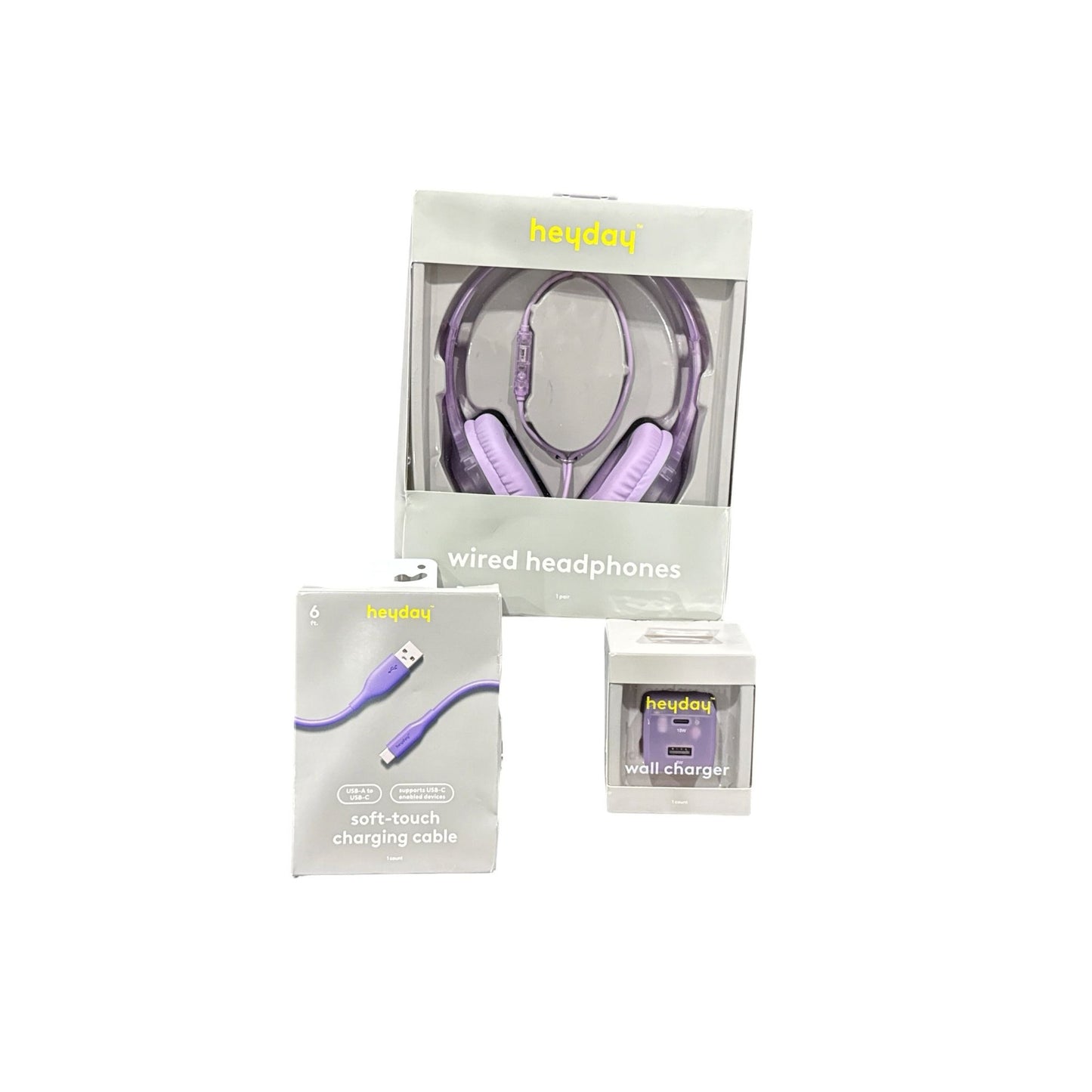 Heyday Wired Headphones, Soft-Touch Charging Cable, And Wall Charger Bundle - Purple 3pcs