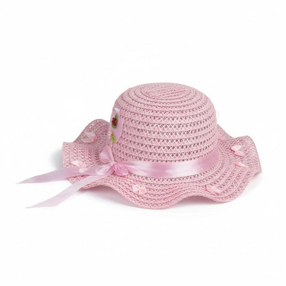 Pink Straw Set of 10pcs Sun Hat For Girls With Ribbon Bow & Floral Accents, Lightweight & Breathable