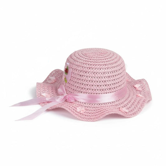 Pink Straw Set of 10pcs Sun Hat For Girls With Ribbon Bow & Floral Accents, Lightweight & Breathable