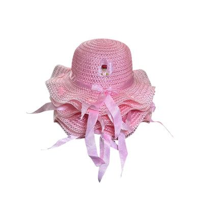 Pink Straw Set of 10pcs Sun Hat For Girls With Ribbon Bow & Floral Accents, Lightweight & Breathable