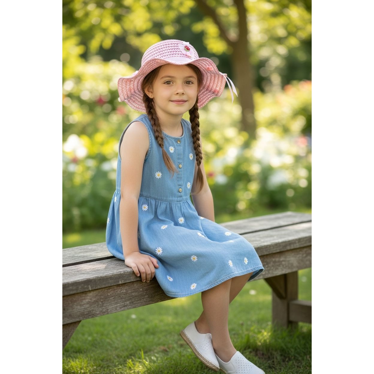 Pink Straw Set of 10pcs Sun Hat For Girls With Ribbon Bow & Floral Accents, Lightweight & Breathable