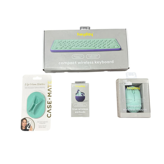 4pcs Heyday Wireless Keyboard, Mouse & Earbuds Bundle + Case-Mate Lip Gloss Holder Mint & Purple