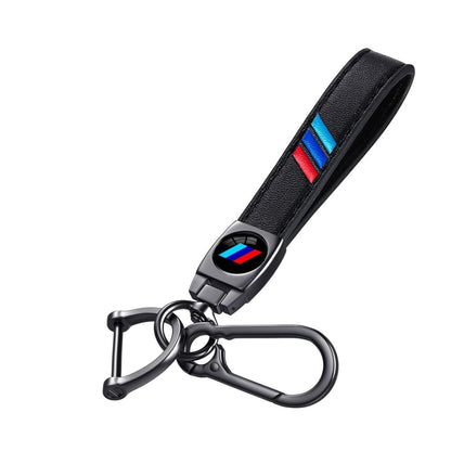 Luxury Black Leather Keychain With Metal Clasp & Multicolor Stripe Design