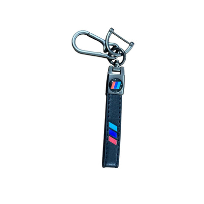 Luxury Black Leather Keychain With Metal Clasp & Multicolor Stripe Design