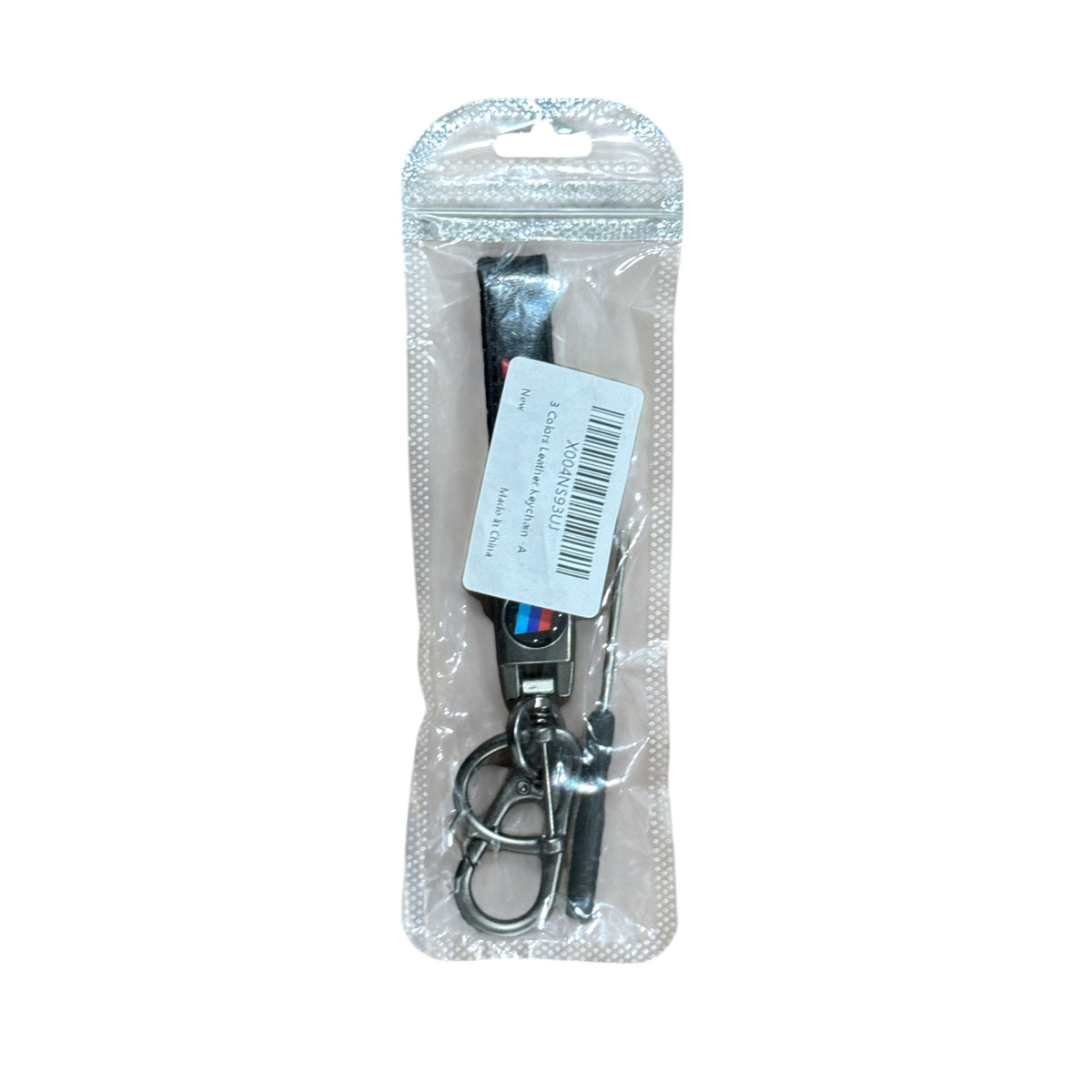 Luxury Black Leather Keychain With Metal Clasp & Multicolor Stripe Design