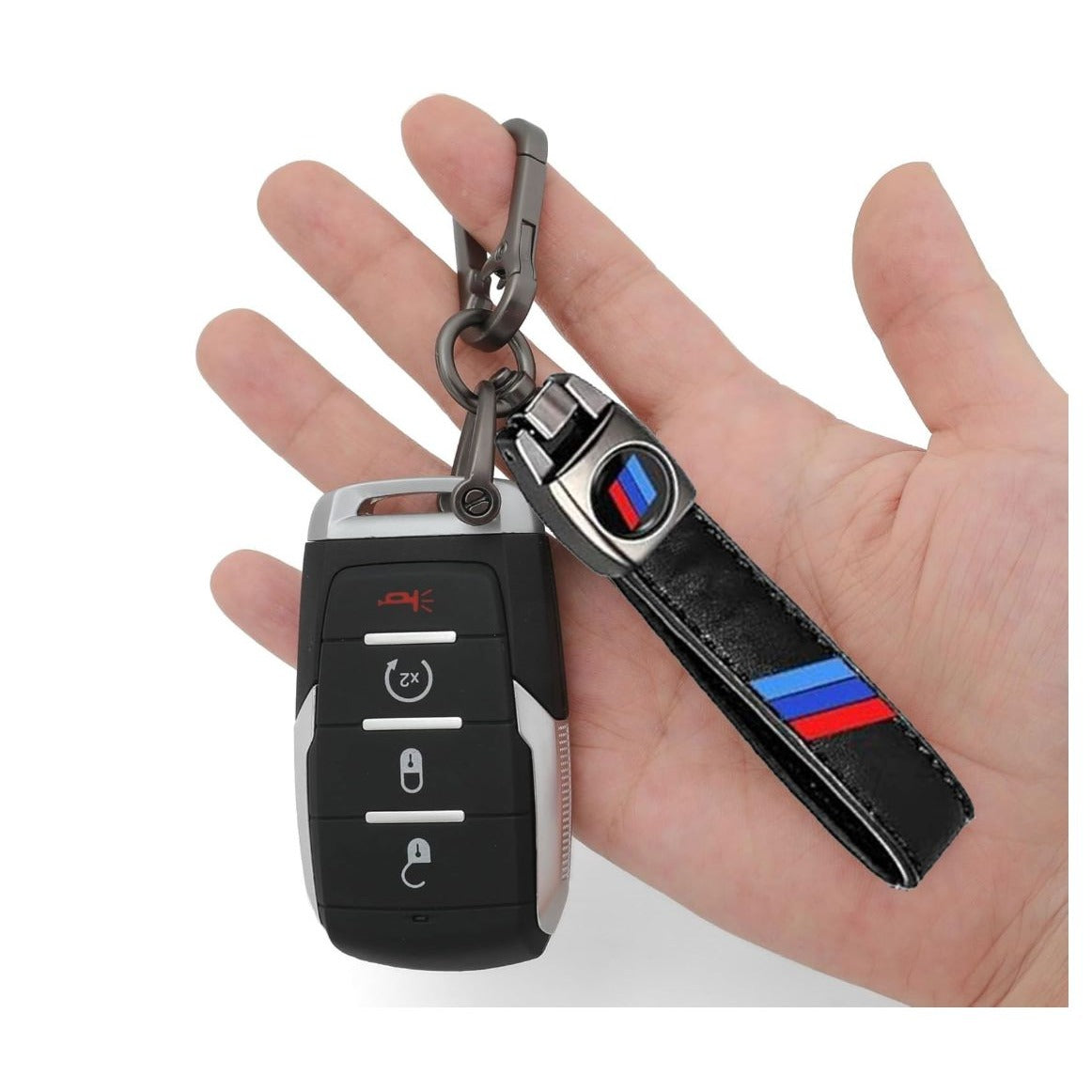 Luxury Black Leather Keychain With Metal Clasp & Multicolor Stripe Design