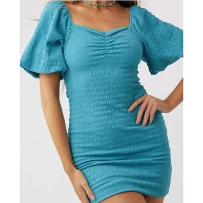 ONeill Women's Blue Smocked Mini Dress With Puff Sleeves Size M