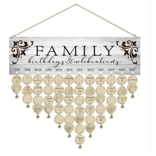 Family Birthday & Celebration Reminder Calendar With Wooden Tags 16.5" x 5" Rustic Wall Hanging