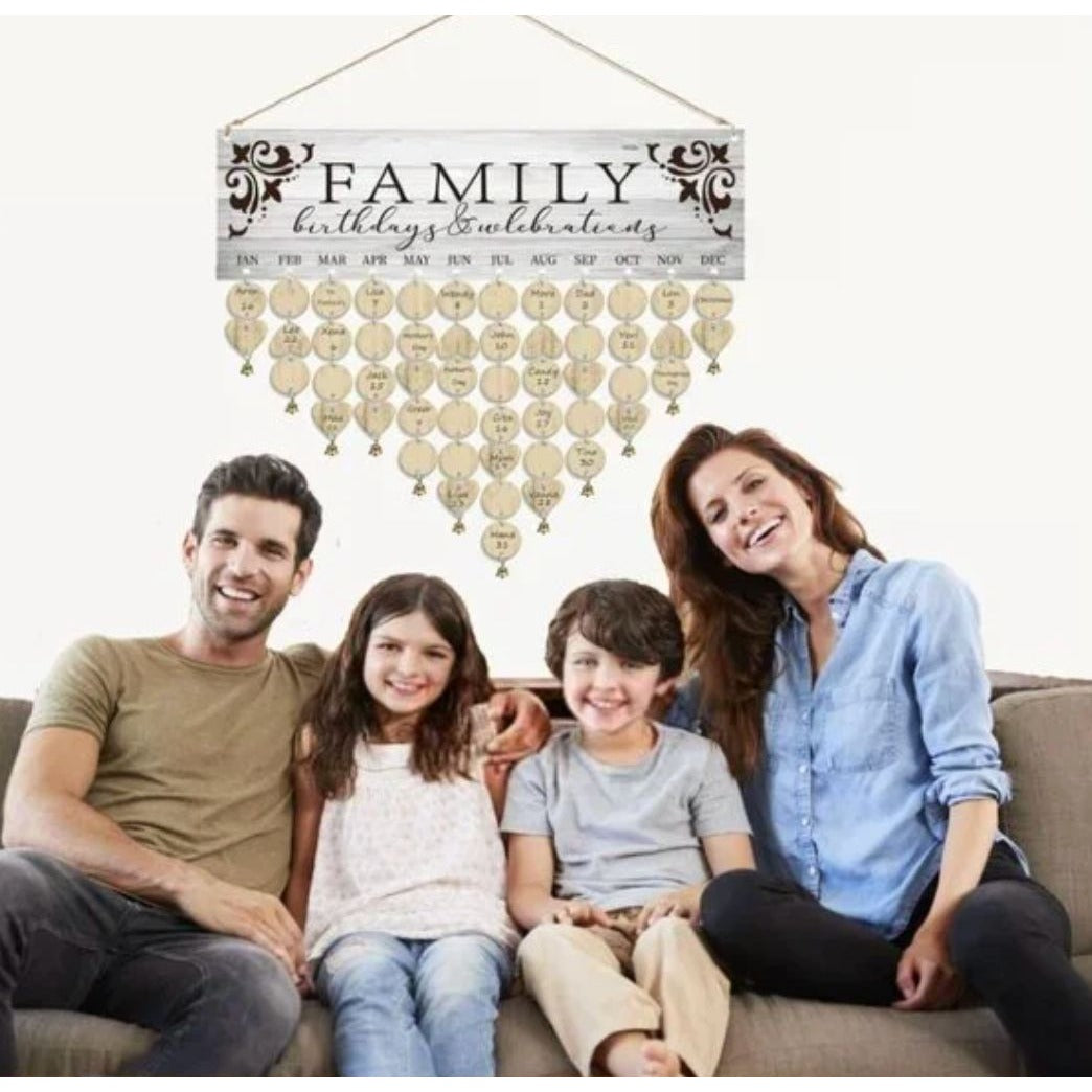 Family Birthday & Celebration Reminder Calendar With Wooden Tags 16.5" x 5" Rustic Wall Hanging