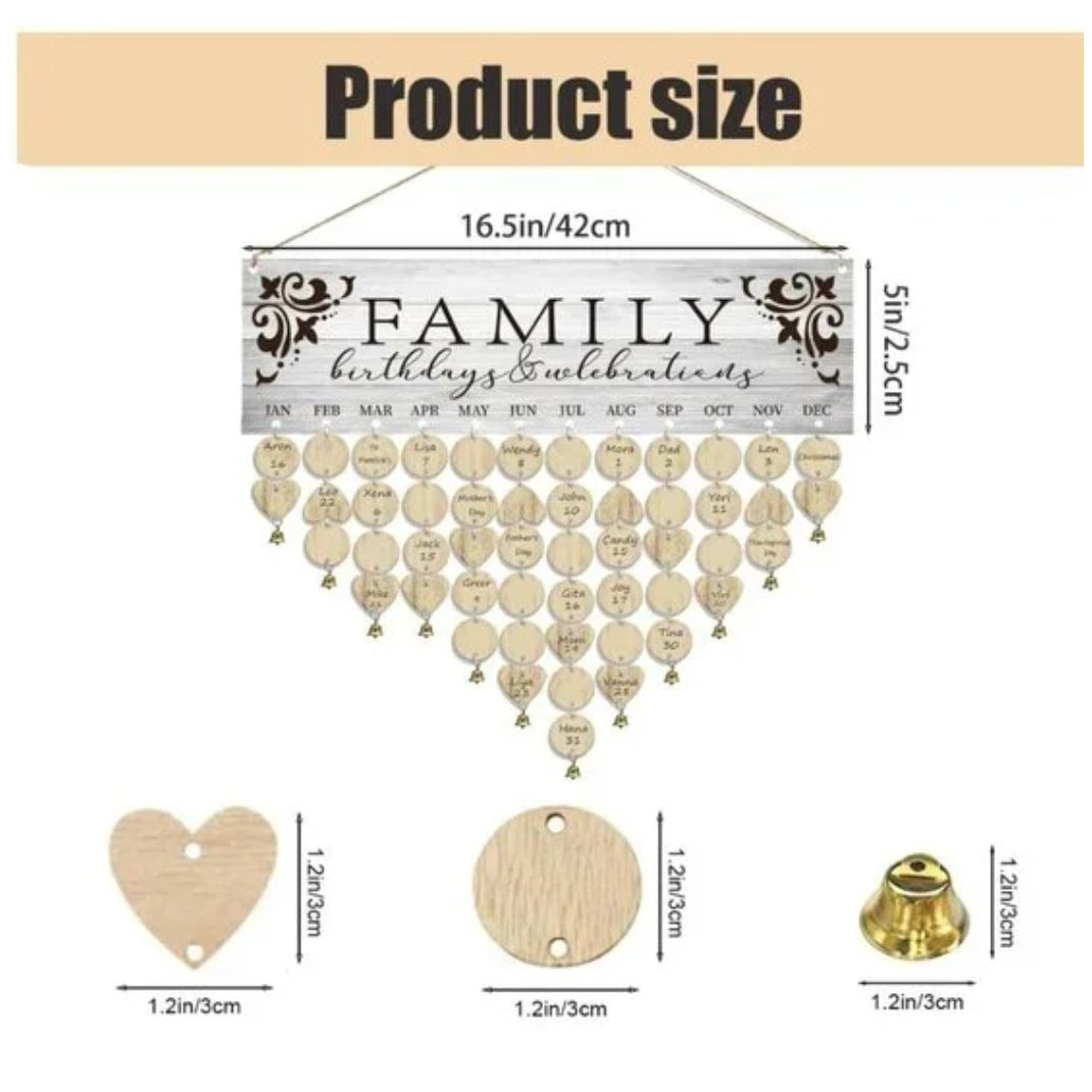 Family Birthday & Celebration Reminder Calendar With Wooden Tags 16.5" x 5" Rustic Wall Hanging