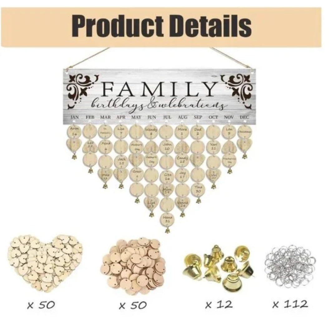 Family Birthday & Celebration Reminder Calendar With Wooden Tags 16.5" x 5" Rustic Wall Hanging
