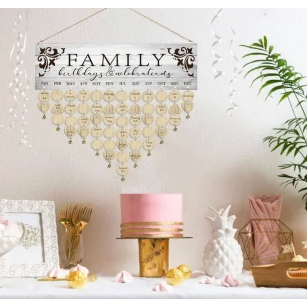 Family Birthday & Celebration Reminder Calendar With Wooden Tags 16.5" x 5" Rustic Wall Hanging