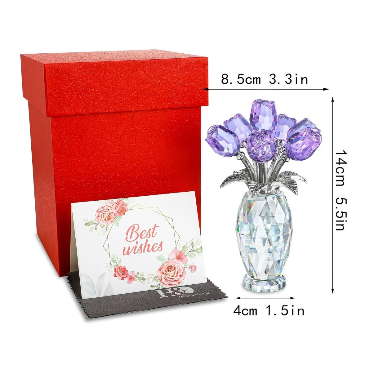 H&D Purple Crystal Rose Flower Bouquet In Clear Vase Handmade Decorative Ornament With Gift Box