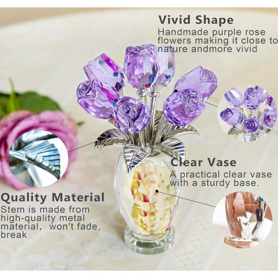 H&D Purple Crystal Rose Flower Bouquet In Clear Vase Handmade Decorative Ornament With Gift Box