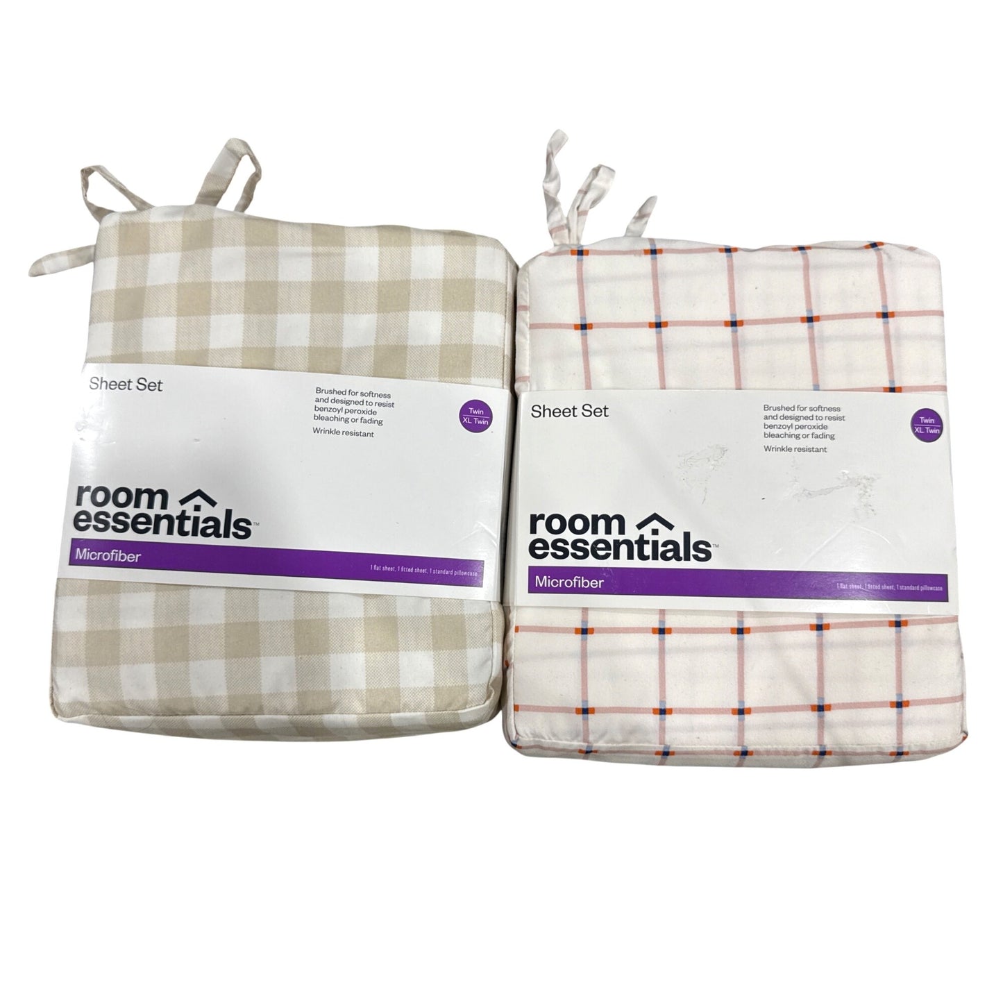 Room Essentials Twin XL Sheet Set Microfiber Beige Checkered & Pink Plaid Pattern Wrinkle Resistant