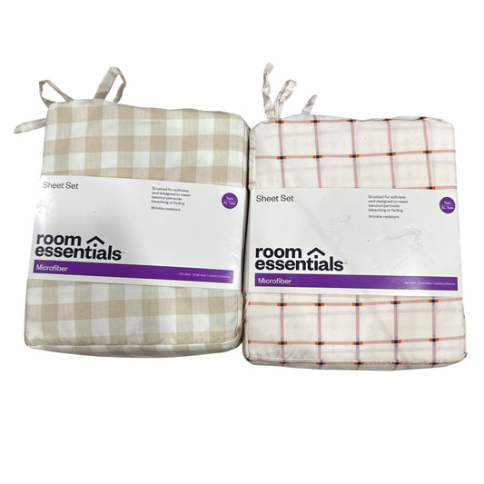 Room Essentials Twin XL Sheet Set Microfiber Beige Checkered & Pink Plaid Pattern Wrinkle Resistant