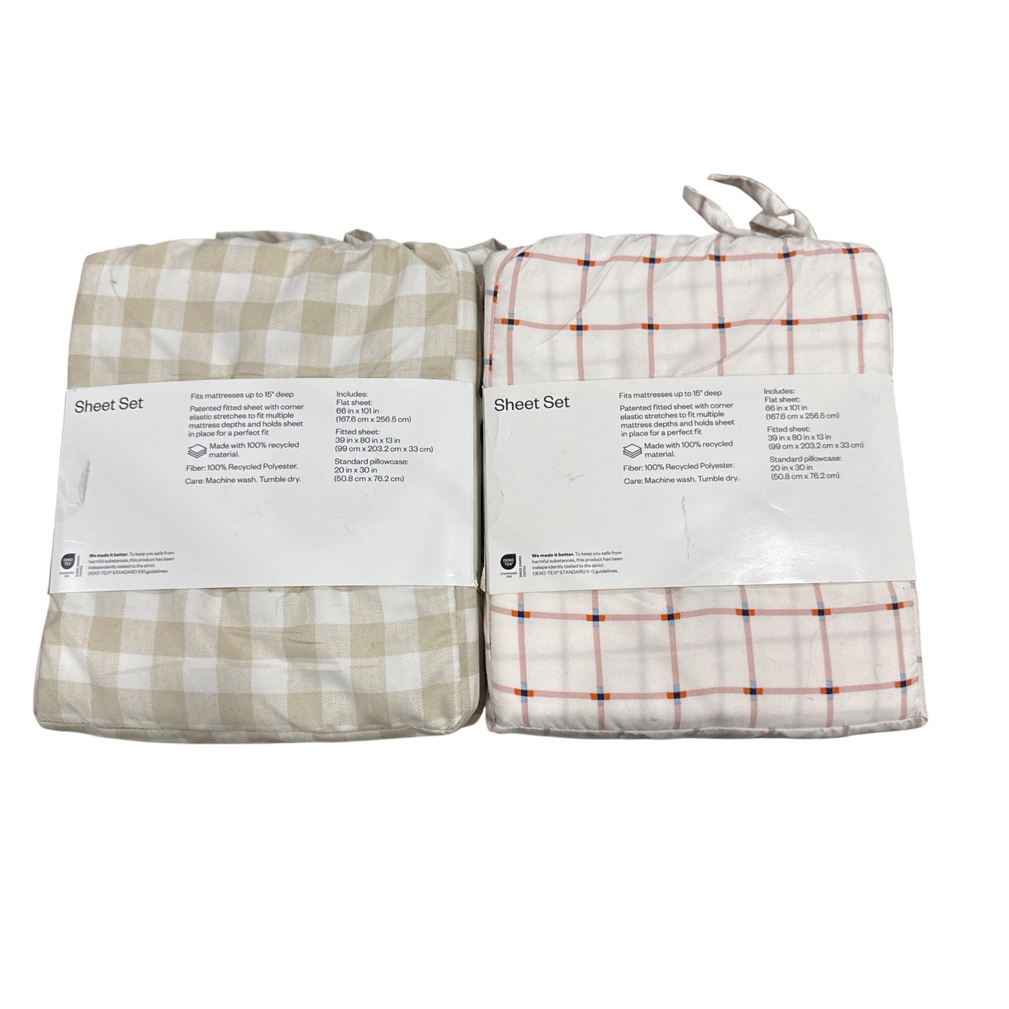 Room Essentials Twin XL Sheet Set Microfiber Beige Checkered & Pink Plaid Pattern Wrinkle Resistant