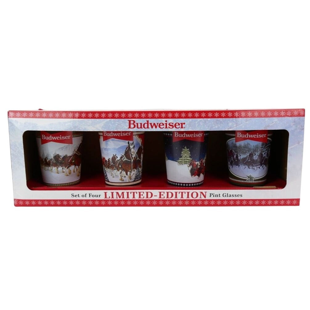 Budweiser Limited-Edition Holiday 16oz Pint Glasses Set Of 4 Featuring Clydesdale Images Gift Boxed