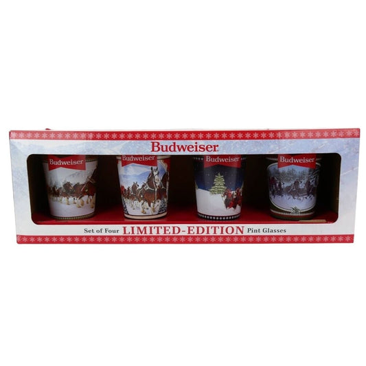 Budweiser Limited-Edition Holiday 16oz Pint Glasses Set Of 4 Featuring Clydesdale Images Gift Boxed
