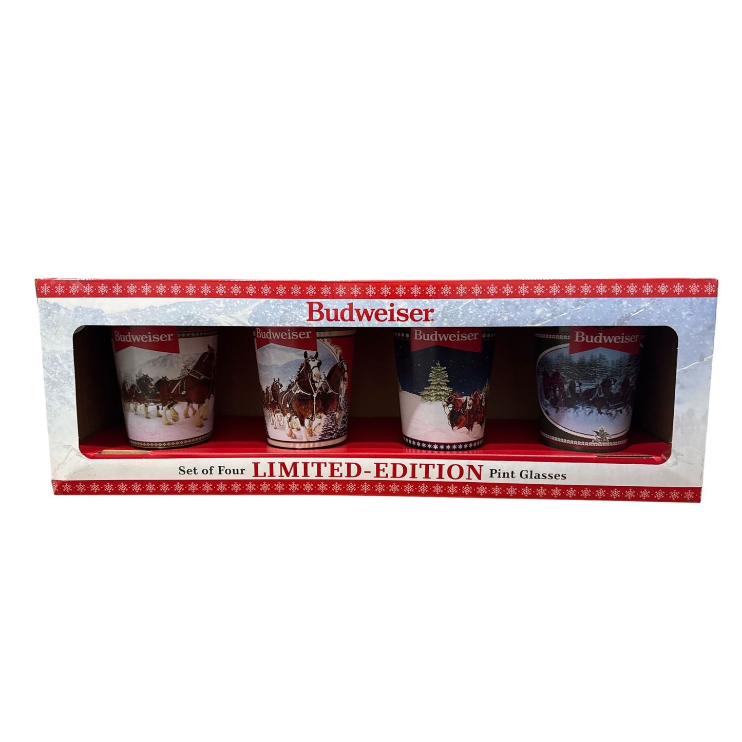 Budweiser Limited-Edition Holiday 16oz Pint Glasses Set Of 4 Featuring Clydesdale Images Gift Boxed
