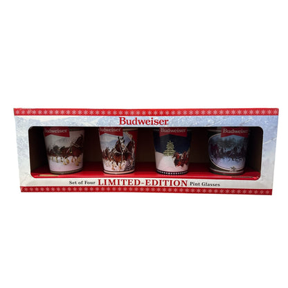 Budweiser Limited-Edition Holiday 16oz Pint Glasses Set Of 4 Featuring Clydesdale Images Gift Boxed